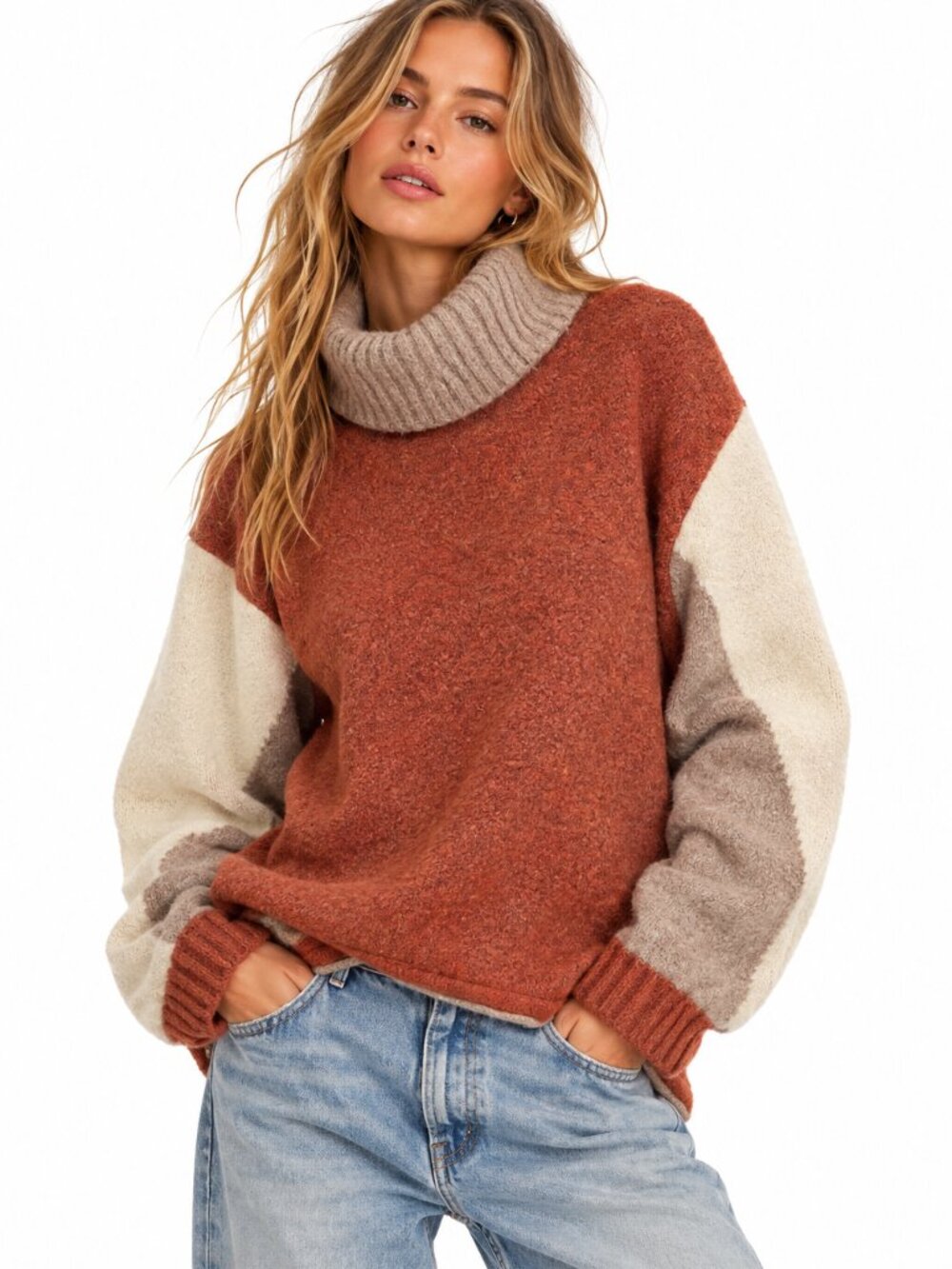 Mystree Colorblock Turtleneck Sweater Rust Taupe Cream Fuzzy Wool Blend Knit Med